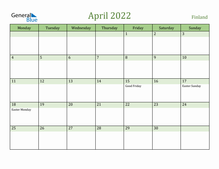 April 2022 Calendar with Finland Holidays