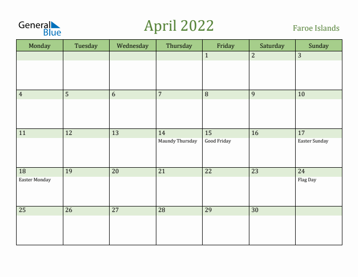 April 2022 Calendar with Faroe Islands Holidays
