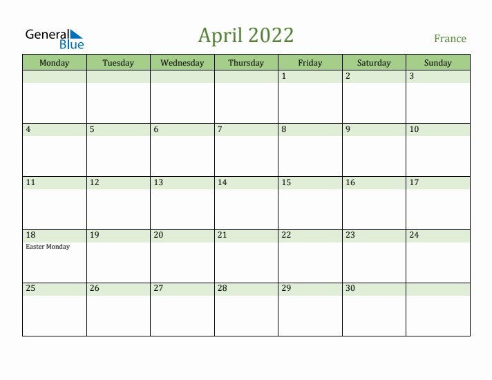 April 2022 Calendar with France Holidays