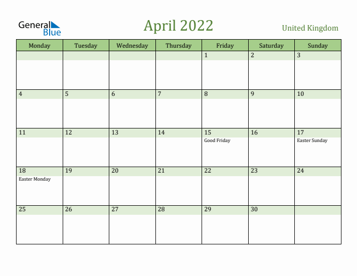 April 2022 Calendar with United Kingdom Holidays