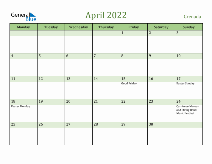 April 2022 Calendar with Grenada Holidays