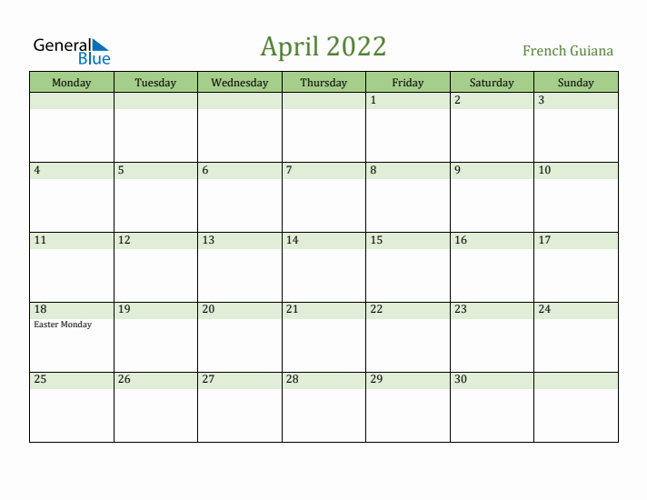 April 2022 Calendar with French Guiana Holidays