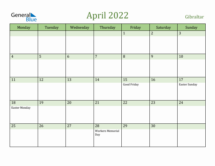 April 2022 Calendar with Gibraltar Holidays