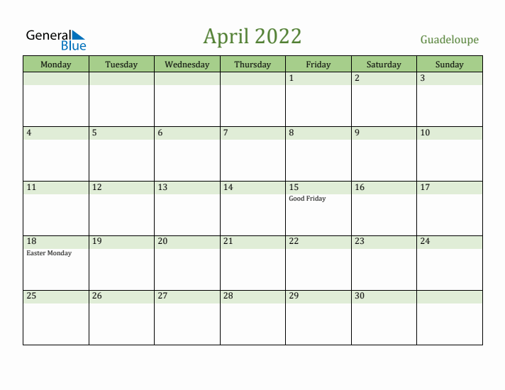 April 2022 Calendar with Guadeloupe Holidays