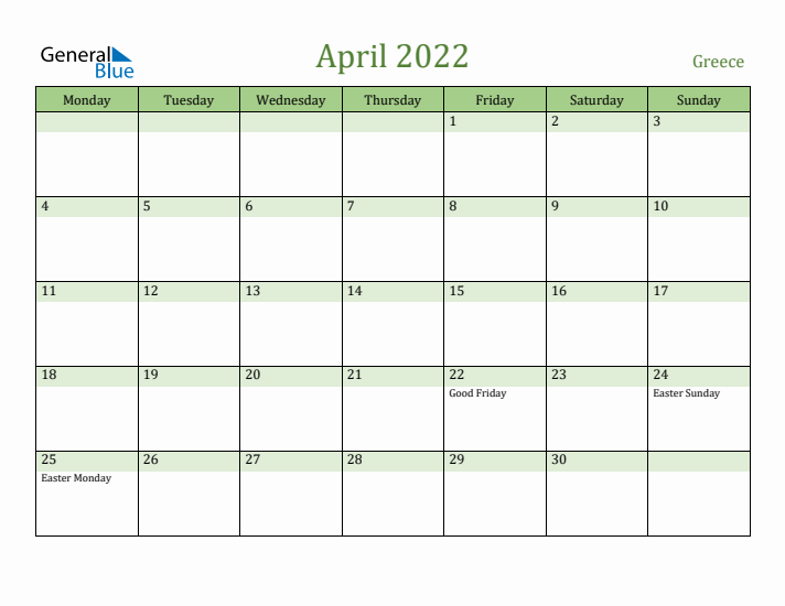 April 2022 Calendar with Greece Holidays