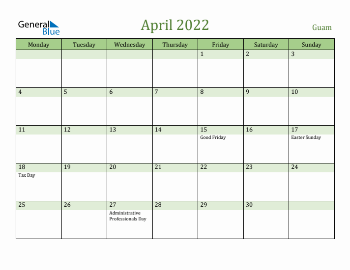 April 2022 Calendar with Guam Holidays