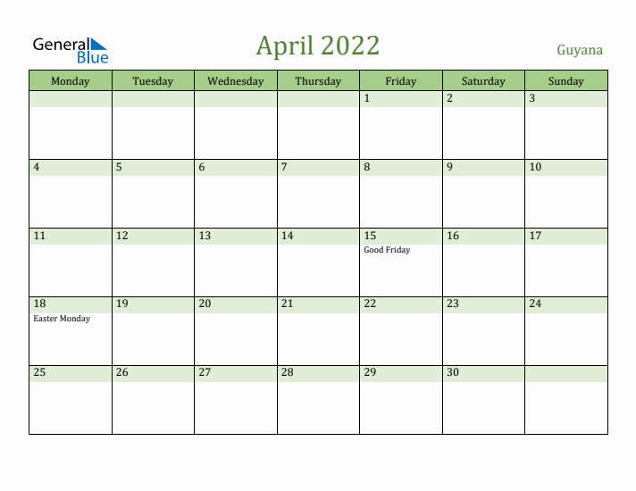 April 2022 Calendar with Guyana Holidays