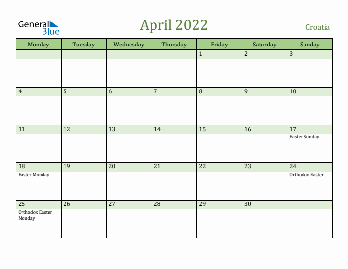 April 2022 Calendar with Croatia Holidays