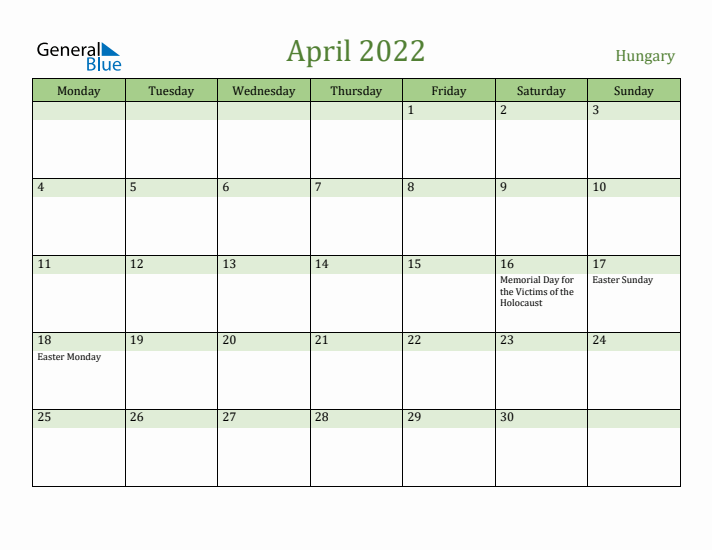 April 2022 Calendar with Hungary Holidays