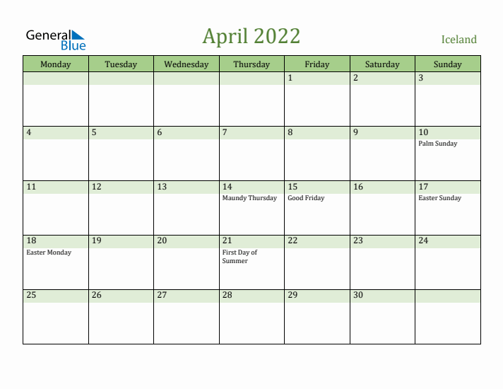 April 2022 Calendar with Iceland Holidays
