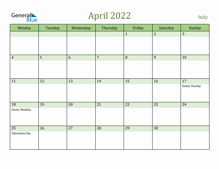 April 2022 Calendar with Italy Holidays