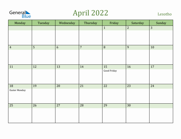 April 2022 Calendar with Lesotho Holidays