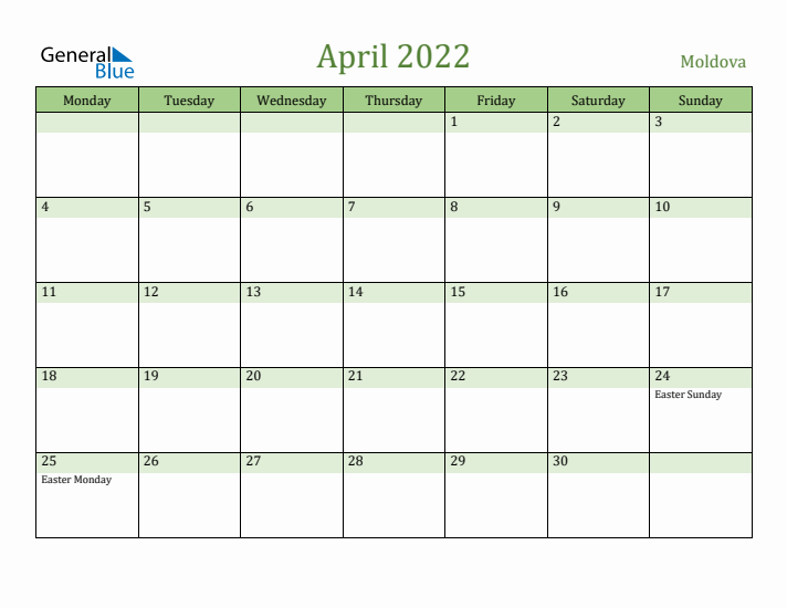 April 2022 Calendar with Moldova Holidays