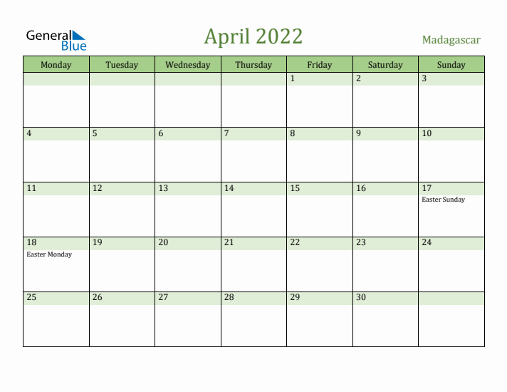 April 2022 Calendar with Madagascar Holidays
