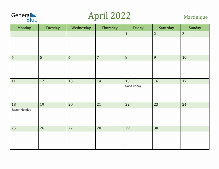 April 2022 Calendar with Martinique Holidays