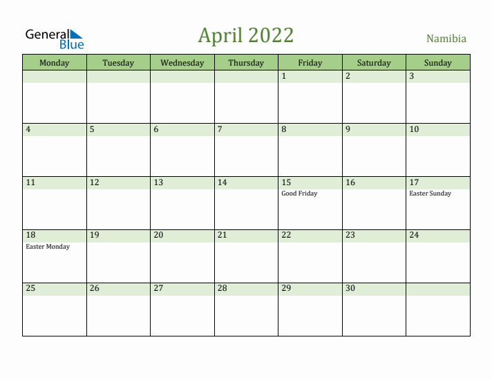 April 2022 Calendar with Namibia Holidays