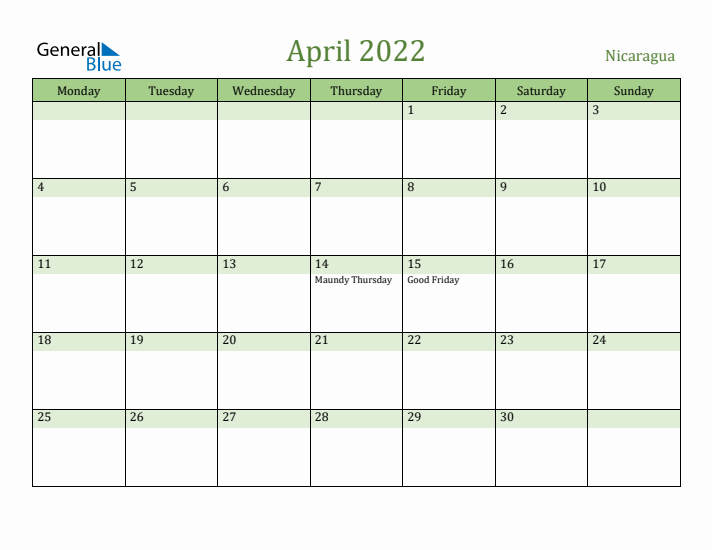 April 2022 Calendar with Nicaragua Holidays