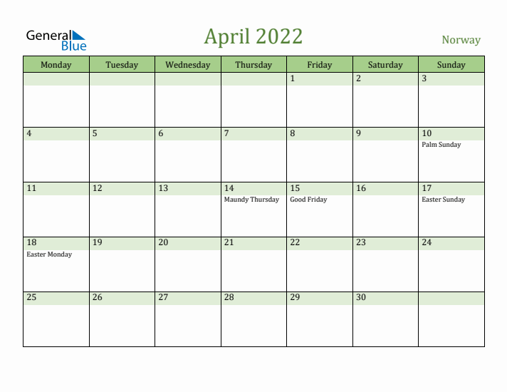 April 2022 Calendar with Norway Holidays
