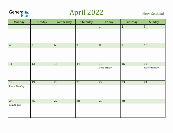 April 2022 Calendar with New Zealand Holidays