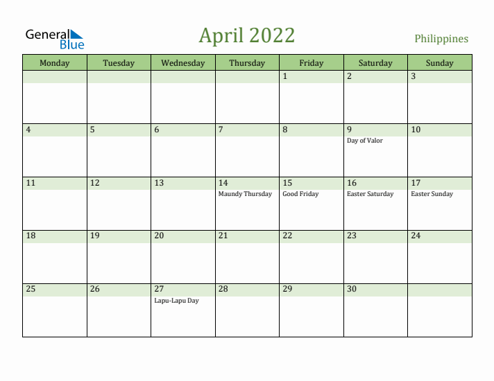 April 2022 Calendar with Philippines Holidays