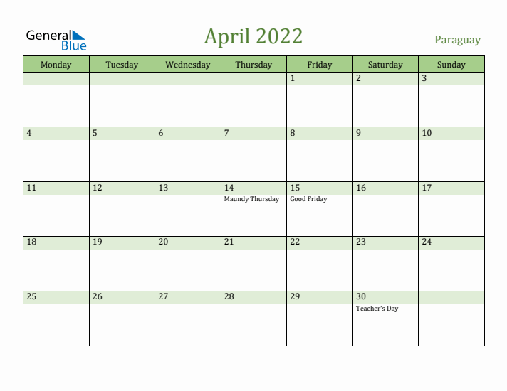 April 2022 Calendar with Paraguay Holidays