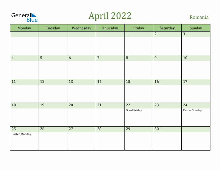 April 2022 Calendar with Romania Holidays