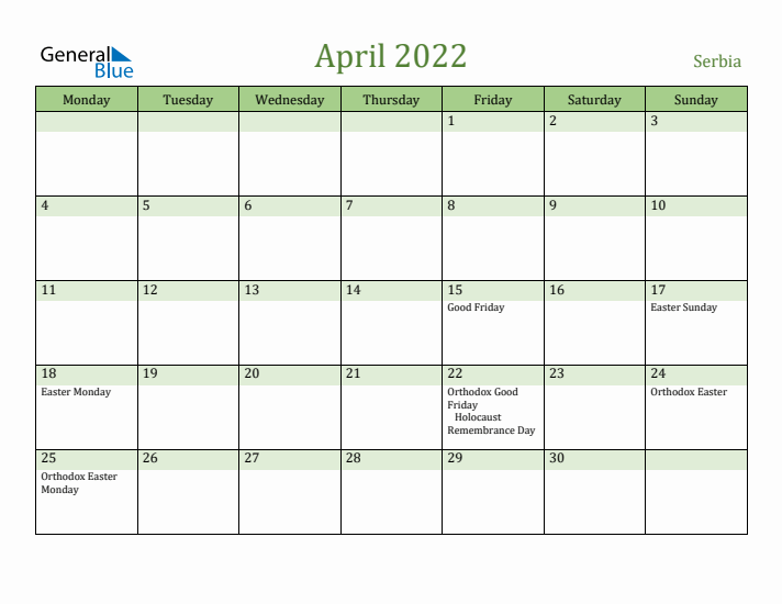 April 2022 Calendar with Serbia Holidays