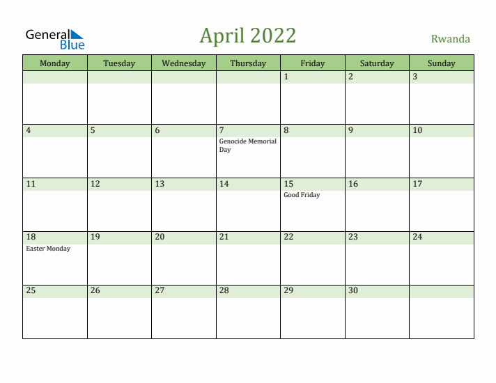 April 2022 Calendar with Rwanda Holidays