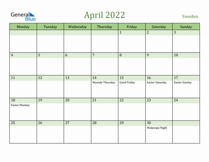 April 2022 Calendar with Sweden Holidays