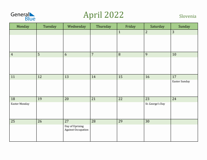 April 2022 Calendar with Slovenia Holidays