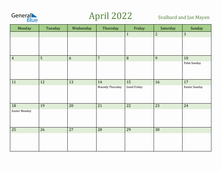 April 2022 Calendar with Svalbard and Jan Mayen Holidays