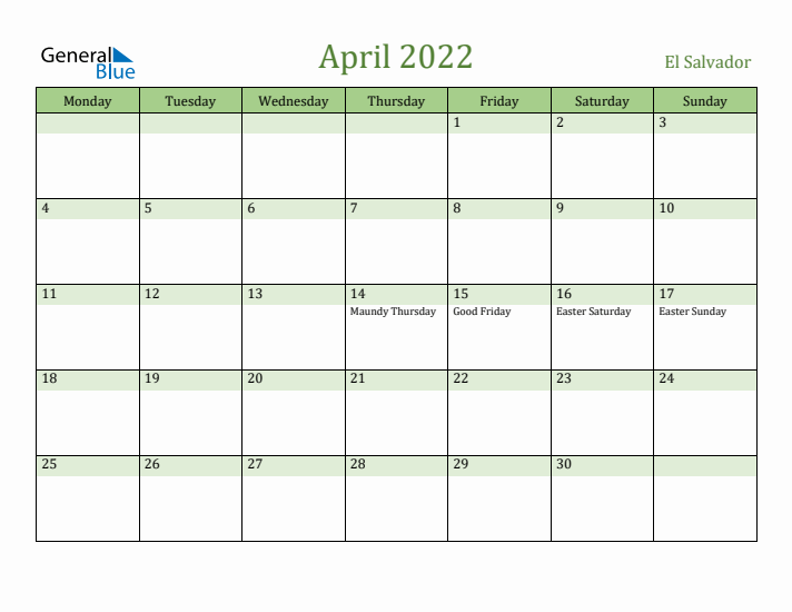 April 2022 Calendar with El Salvador Holidays
