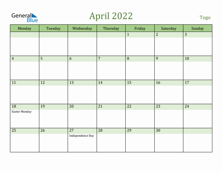 April 2022 Calendar with Togo Holidays