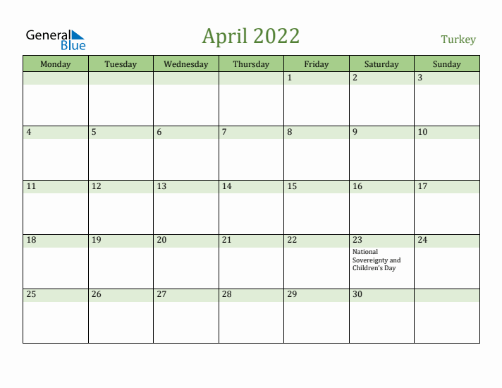 April 2022 Calendar with Turkey Holidays