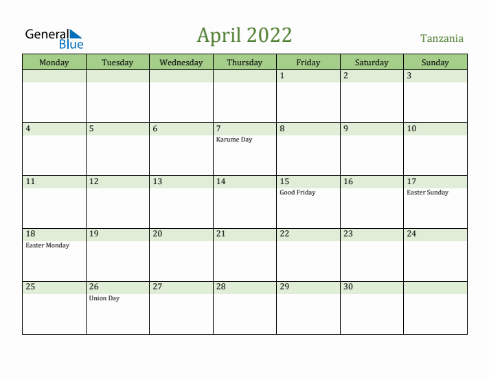 April 2022 Calendar with Tanzania Holidays