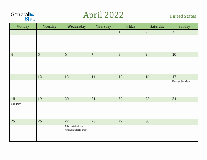 April 2022 Calendar with United States Holidays
