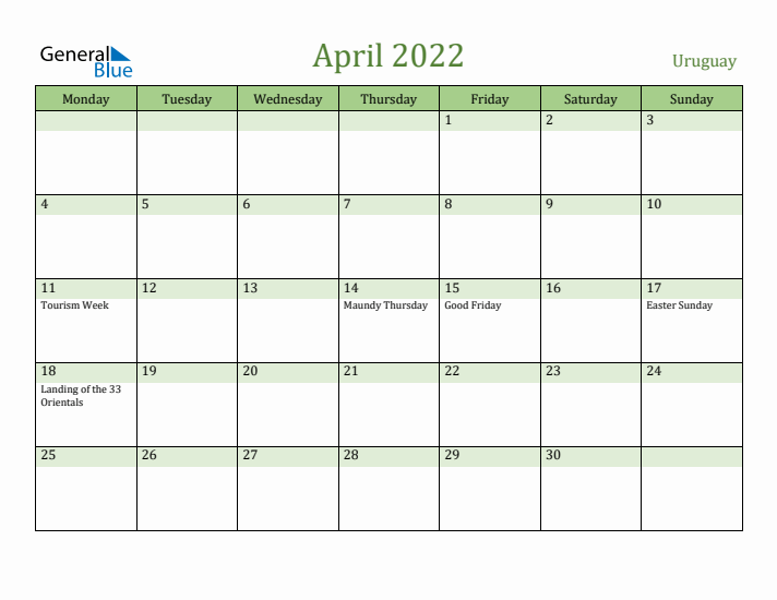 April 2022 Calendar with Uruguay Holidays