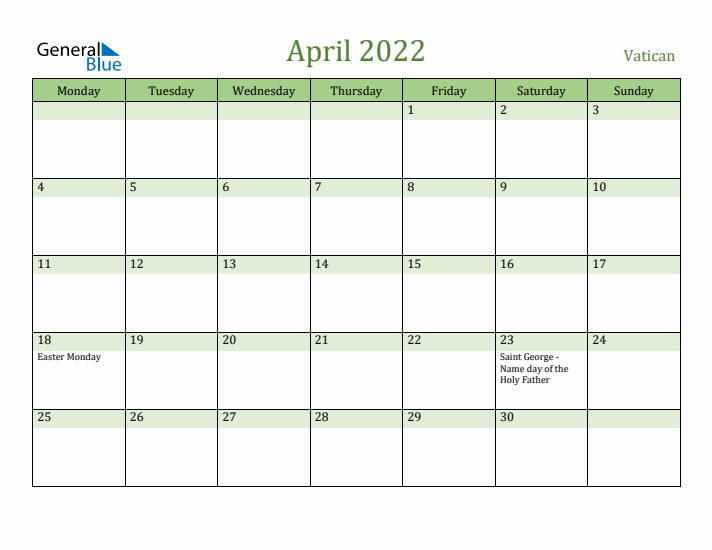 April 2022 Calendar with Vatican Holidays