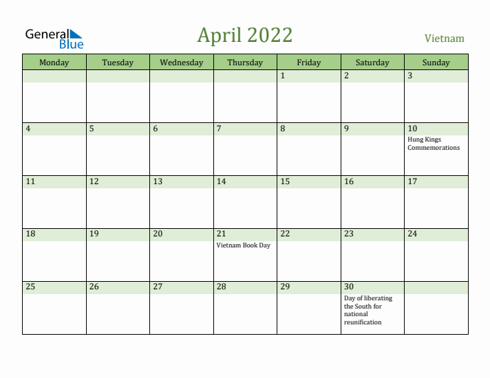 April 2022 Calendar with Vietnam Holidays