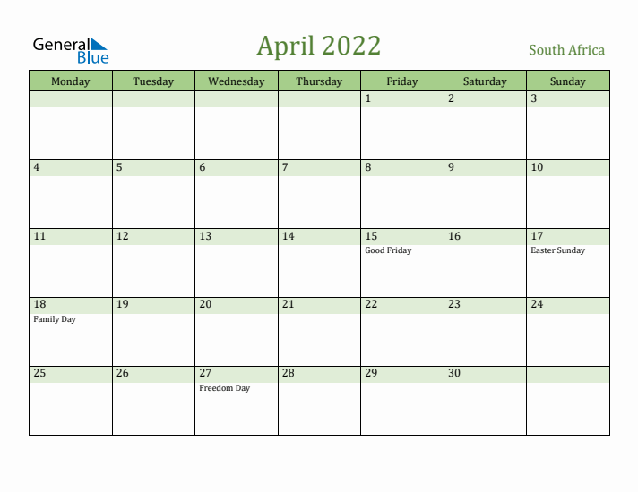 April 2022 Calendar with South Africa Holidays