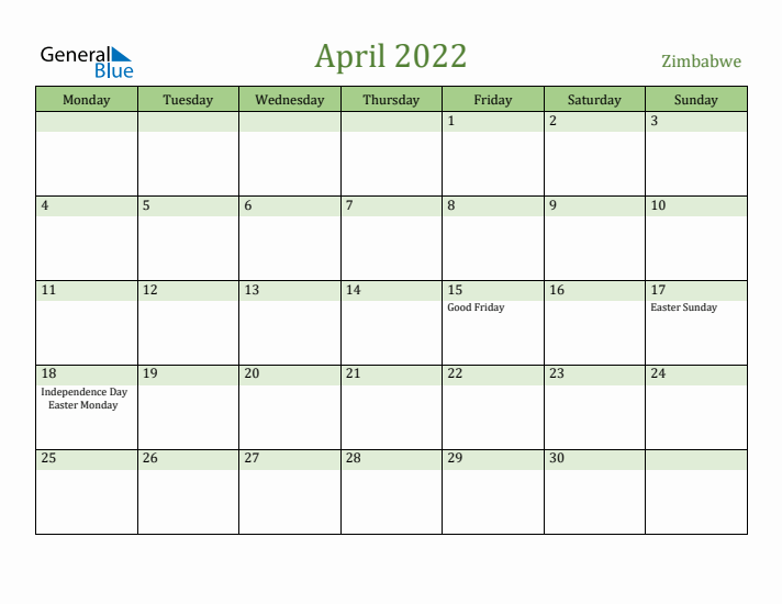 April 2022 Calendar with Zimbabwe Holidays