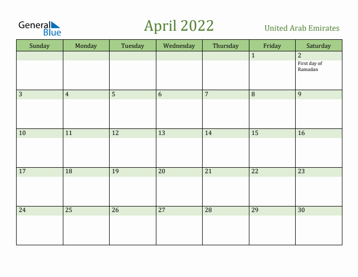 April 2022 Calendar with United Arab Emirates Holidays