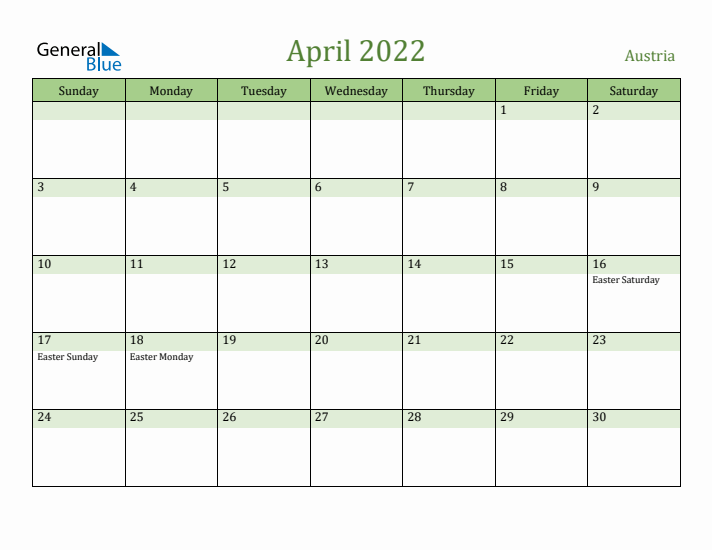 April 2022 Calendar with Austria Holidays