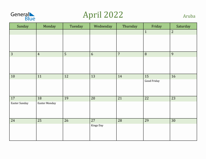 April 2022 Calendar with Aruba Holidays