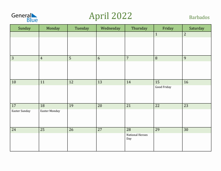 April 2022 Calendar with Barbados Holidays