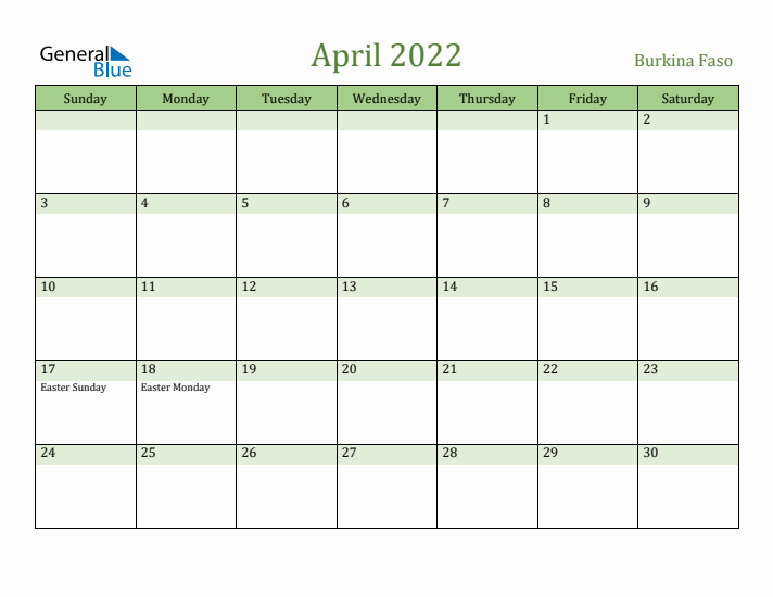 April 2022 Calendar with Burkina Faso Holidays