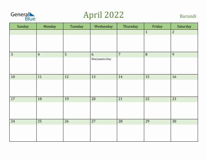 April 2022 Calendar with Burundi Holidays