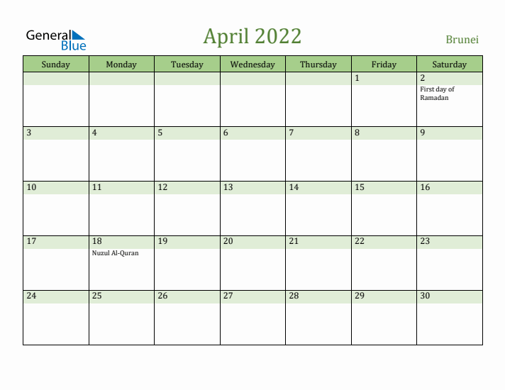 April 2022 Calendar with Brunei Holidays
