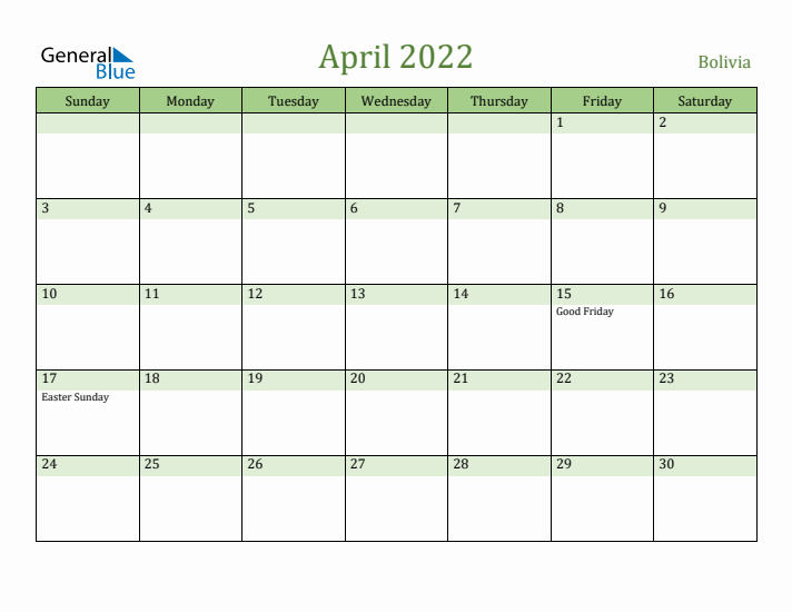 April 2022 Calendar with Bolivia Holidays