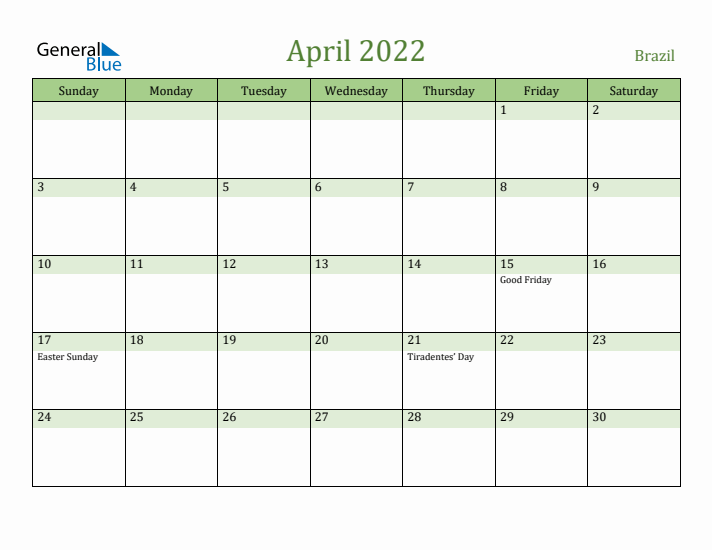 April 2022 Calendar with Brazil Holidays